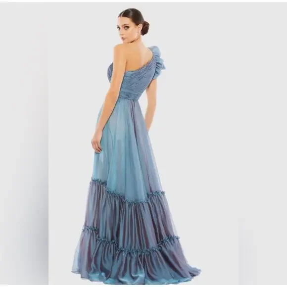 Mac Duggal One-Shoulder Tiered Chiffon Gown Fusion Blue Size 16 NWT